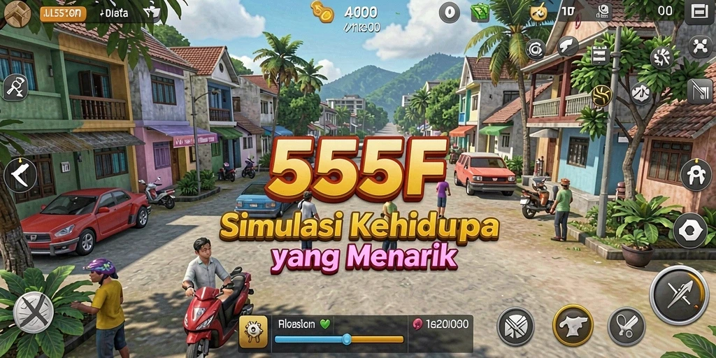 Tampilan gameplay 555F yang menampilkan interaksi karakter dan lingkungan.