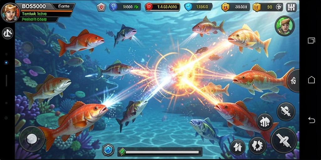 Gameplay menembak ikan yang seru dan penuh warna.